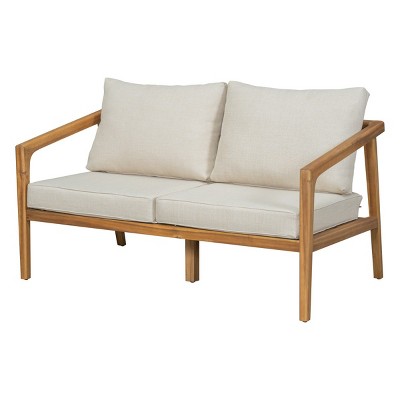 Acacia Wood Outdoor Loveseat,Patio Open Side Loveseat Sofa with Cushions,Modern Teak Wood Armrest Loveseat for Backyard-Cuddlewood