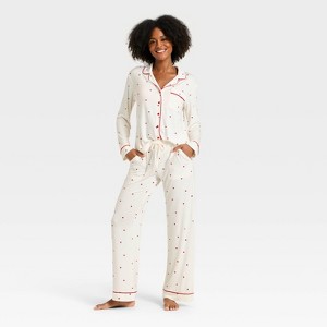 Women's Cloud Knit Modal Long Sleeve Notch Collar Top and Pants Pajama Set - Auden™ - 1 of 3