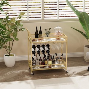 Acekool 2-Tier Bar Cart with Wine Racks and Glass Holders, Lockable Rolling Beverage Serving Cart for Kitchen Dining Living Room, Gold+White - 1 of 4