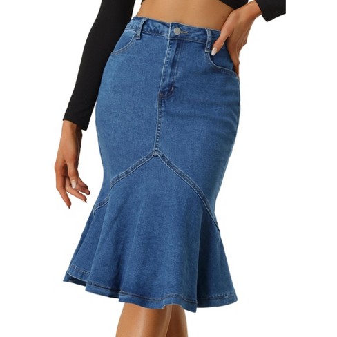 Allegra K Women s High Waist Bodycon Ruffles Side Pockets Fishtail Midi Jean Skirt Dark Blue Large Target