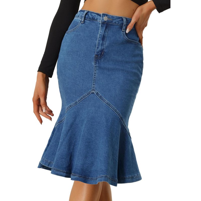 Allegra K Women's High Waist Bodycon Ruffles Side Pockets Fishtail Midi Jean Skirt, 1 of 6