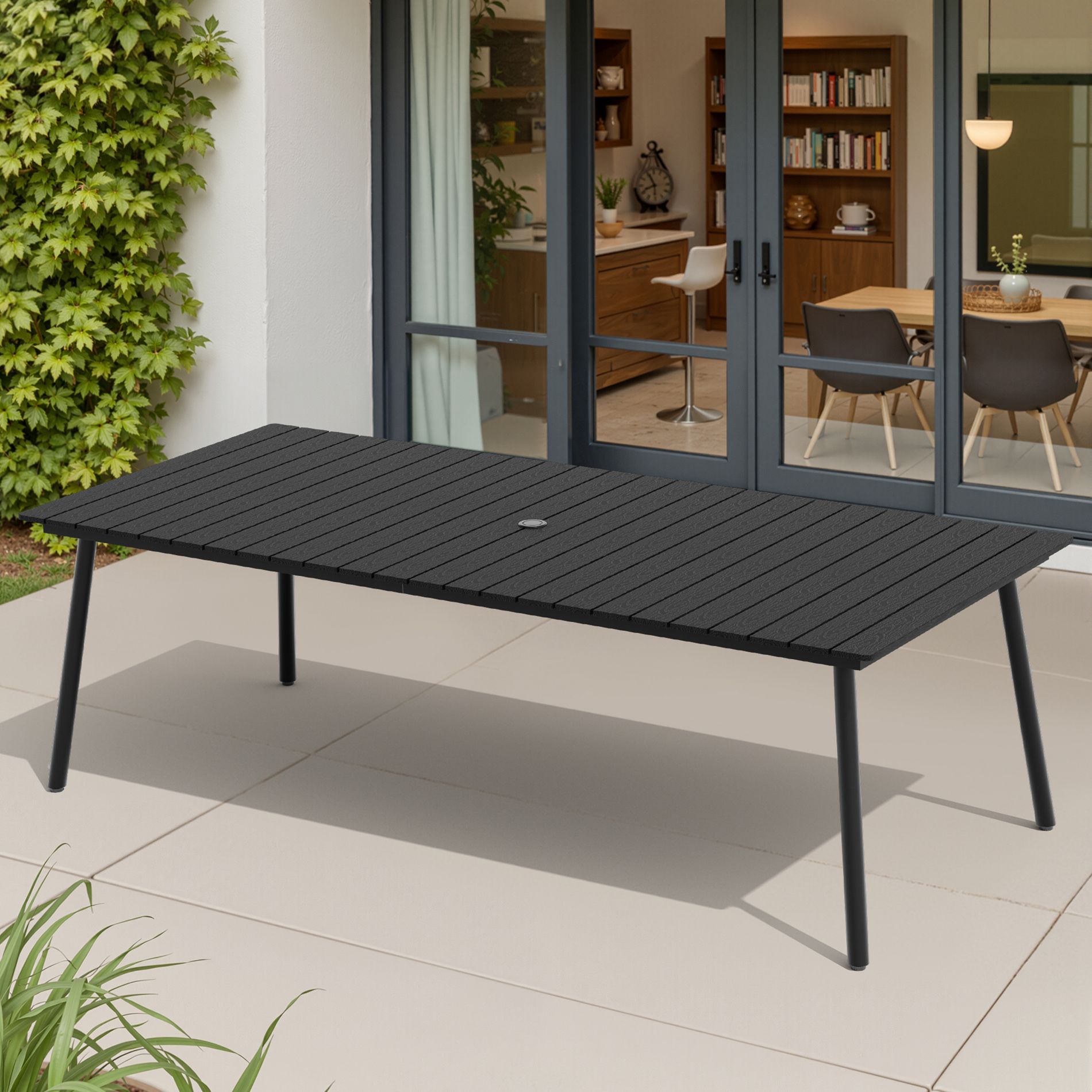 Pellebant 94.5-Inch Outdoor Rectangular Dining Table 8-10 People Aluminum Frame Wood-Look Top Umbrella Hole Black