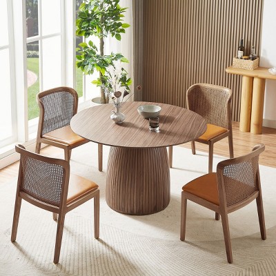 1 Piece Round Kitchen Dining Table,4-6 Seater,Dining Table With Walnut Tabletop,Small Space Faux Solid Wood Living Room Table-Cuddlewood