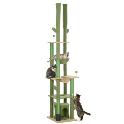 PawHut Floor to Ceiling Cat Tree, 89"-100" Adjustable Height Cat Climbing Tower for Indoor Cats w/ Grooming Brush Post, Cat Condo, Hammock, Green