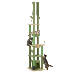 PawHut Floor to Ceiling Cat Tree, 89"-100" Adjustable Height Cat Climbing Tower for Indoor Cats w/ Grooming Brush Post, Cat Condo, Hammock, Green - 1 of 4