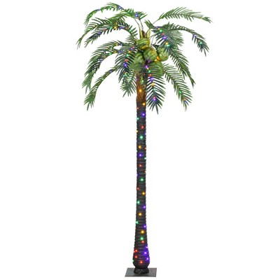 Outsunny 7' Artificial Lighted Palm Tree with 5 Coconuts, Color Changing Light Up Tropical Palm Tree with Remote for Outdoor, Pool, Green