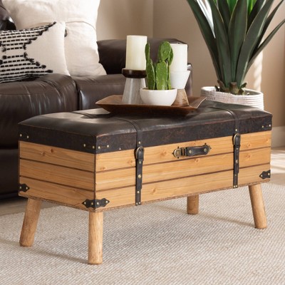 Amena Rustic Dark Brown PU Leather & Oak Large Storage Ottoman