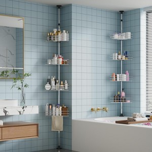 TROPOW Corner Shower Caddy Tension Pole, 4-Tier Rustproof Bathroom Shelves with Built-In Towel Bars, 75-110 Inch Adjustable Bathtub Storage, Silver - 1 of 4