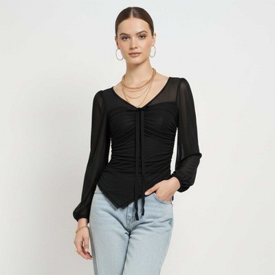 Cherie Code Women’s Mesh Tie‑Front Long Sleeve Top – Sheer Panel Ruched Knit Blouse