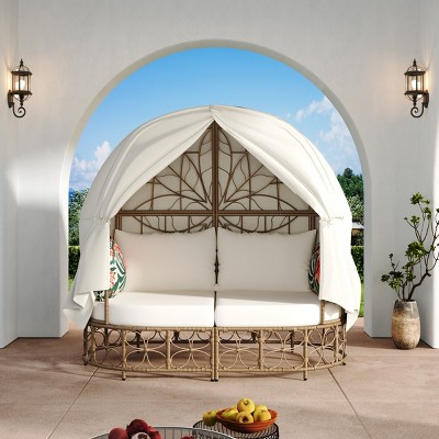 Outdoor Wicker Patio Daybed with Curtain, Sunbed Lounger with Beige Cushion and Colorful Floral Pillows, Natural Wicker – Cuddlewood