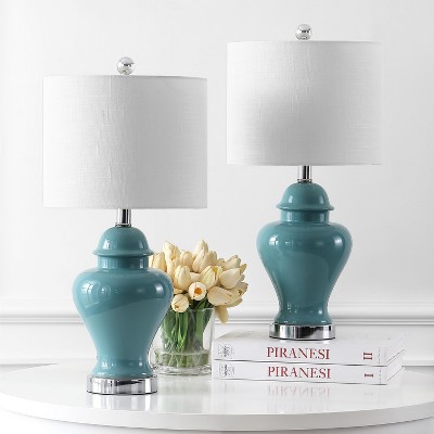 Jade Green Ceramic and Iron 22" Table Lamp Set with Linen Shade