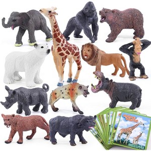 12-Piece Wild Animal Figurines Set with Fact Cards, Realistic Elephant, Lion & Giraffe Toys for Educational Play and Party Decor - 1 of 4