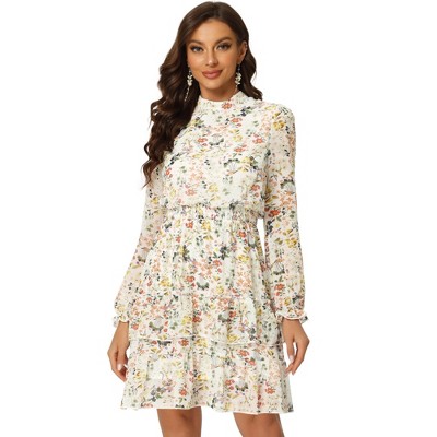 INSPIRE CHIC Women's Stand Collar Smocked Waist Sheer Sleeve Ruffle Layers Floral Chiffon Dress