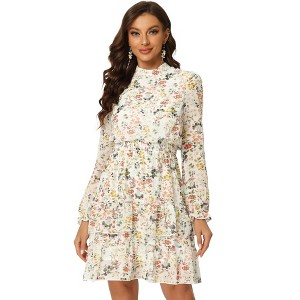 INSPIRE CHIC Women's Stand Collar Smocked Waist Sheer Sleeve Ruffle Layers Floral Chiffon Dress - 1 of 4