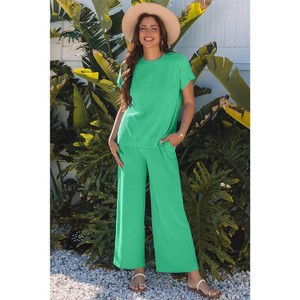Solid Corded Knit Short Sleeve T Shirt and Wide Leg Pants Set - 1 of 1