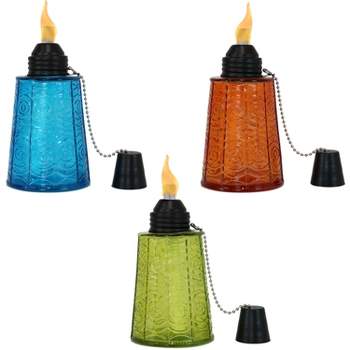 Sunnydaze Outdoor Refillable Glass Tabletop Torches with Long-Lasting Fiberglass Wicks - Blue, Orange, and Green - 3pc