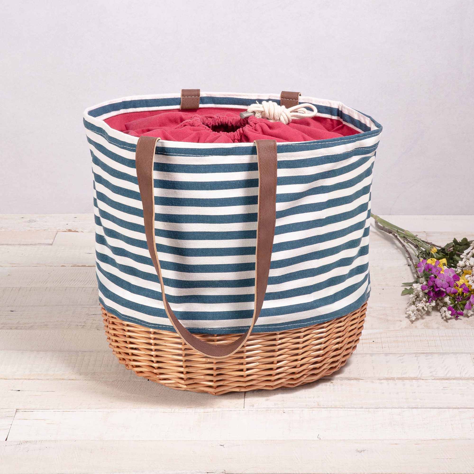 Picnic Time Coronado Canvas and Willow Basket Tote with Navy Blue and White Stripe