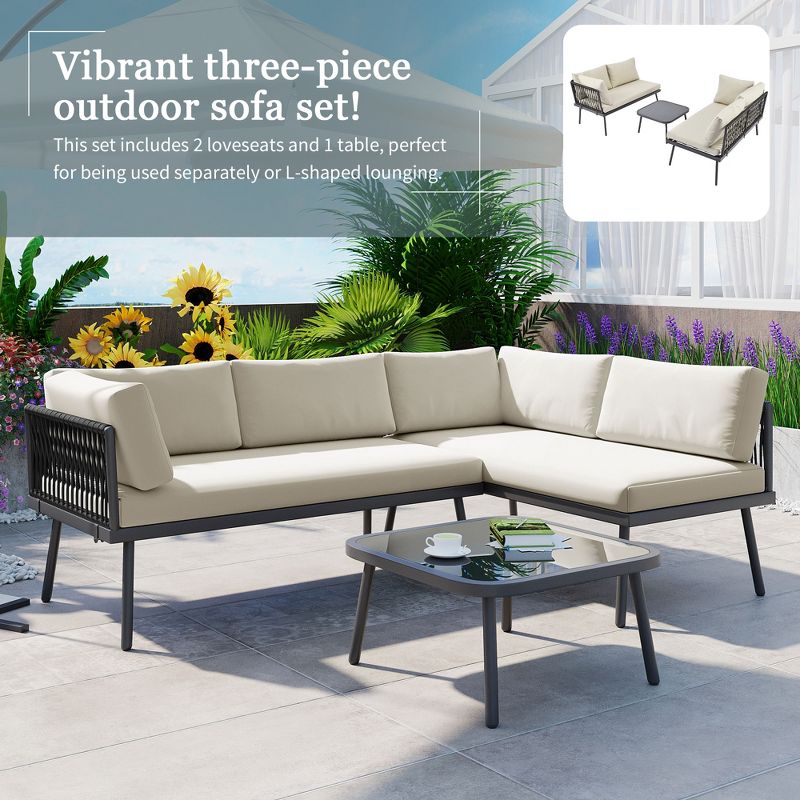 3pc Metal Patio Sectional Sofa Set,  Outdoor Rattan Conversational Set with Cushions and Glass Table 4A -ModernLuxe, 4 of 16