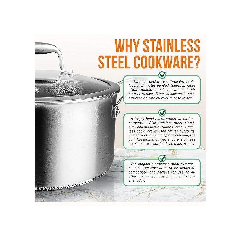 NutriChef NC3PCAS 5-Quart Nonstick Tri-Ply Stainless Steel Stew Pot with Glass Lid, 4 of 7