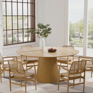 PexFix 60" Round Dining Table for 6 People Modern Pedestal Table with Fluted Cone Base & Wood MDF Top for Small Space Kitchen Dining Room Cafe Natural - 1 of 4