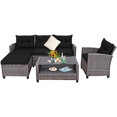 Tangkula Set of 4 Rattan Furniture Set Sofa Ottoman Cushion Garden Deck Patio Black