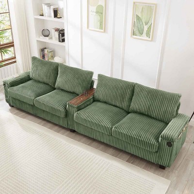 4-Seater Sofa Couch with Hidden Arm Storage, Sofa with USB Ports and Flip-Top Cup Holders, Corduroy Sofa with Plywood Frame-Cuddlewood