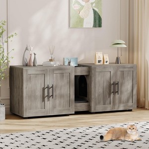 3-IN-1Cat Litter Box Enclosure, 55 Inch Large Cat Box Enclosure with Double Rooms, Farmhouse Wooden Cat Washroom,Grey - 1 of 4