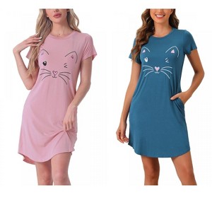 INSPIRE CHIC Women's 2 Pcs Cats Printing Pajamas Cute Printed Sleep Dress Short Sleeve Nightgowns - 1 of 4