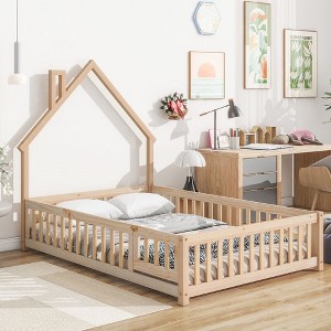 Full House-Shaped Headboard Bed with Handrails ,slats ,Natural，White - 1 of 4