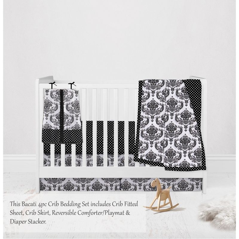 Bacati - Classic Damask Black/Grey/White 4 pc Crib Bedding Set with Diaper Caddy, 3 of 10