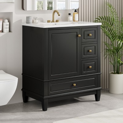 30 Inch Vintage Bathroom Vanity with Sink, One Door with Shelf and Three Drawers, Soft Close Door-Christopher Knight Home