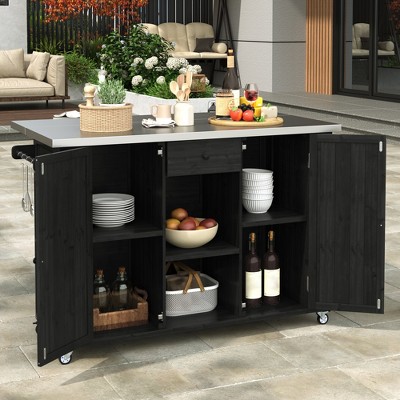Outdoor Kitchen Island with Stainless Steel Top, 52.25" W Patio Grill Cart, Rolling Bar Cart with Spice & Towel Rack for Backyard Garden Pool