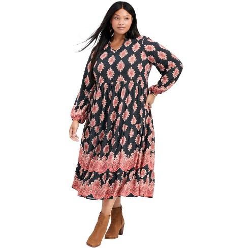 Avenue Women's Plus Size Everlasting Bordered Print Blouson Sleeve Dress - image 1 of 4