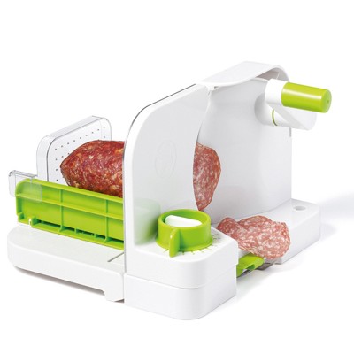 Compact Green and White Manual Deli Slicer with Stainless Steel Blade