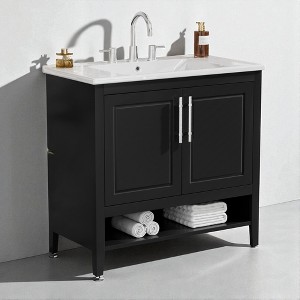 36" Freestanding Bathroom Vanity with Ceramic Sink, 2 Doors, 2 Drawers, Open Shelf, Black Solid Wood & MDF Cabinet - 1 of 4