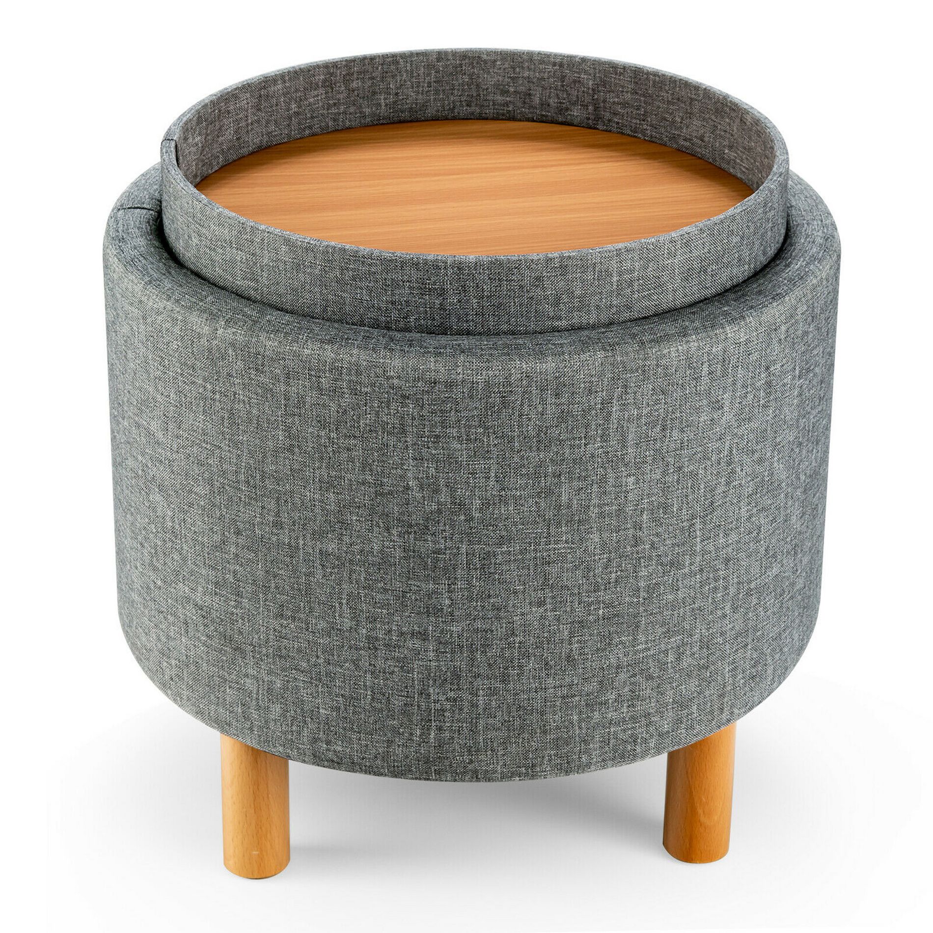 Costway Round Storage Ottoman w/Tray Top Accent Padded Footrest w/Wood Legs Grey