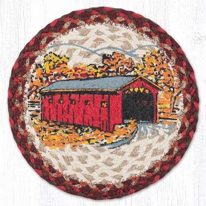Earth Rugs Covered Bridge Round Trivet – 10" Rustic Country Scene Print on Braided Natural Jute Table Mat - 1 of 3