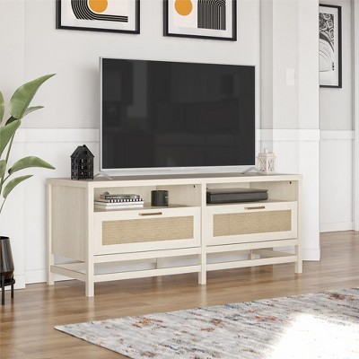 Ivory Oak and Faux Rattan 60" TV Stand with Open Shelves
