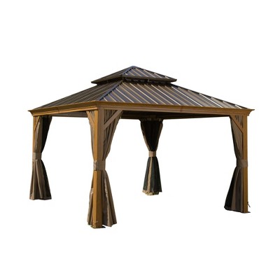 Gsluuk  Hardtop Gazebo, Wooden Coated Aluminum Frame Canopy with Galvanized Steel Double Roof