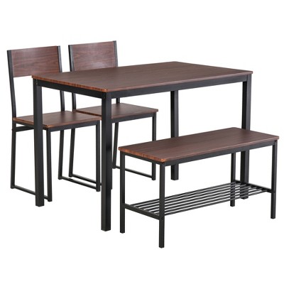 HOMCOM Industrial 4 Piece Dining Room Table Set with Bench Wooden Kitchen Table and Chairs w/ Storage Rack for Kitchen Dinette Black/Brown