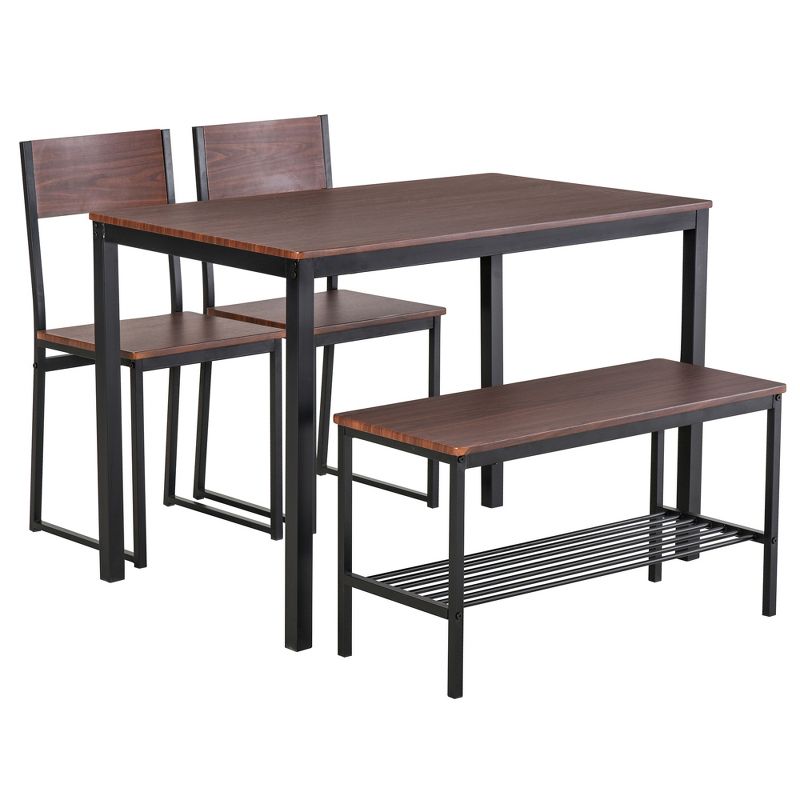 HOMCOM Industrial 4 Piece Dining Room Table Set with Bench Wooden Kitchen Table and Chairs w/ Storage Rack for Kitchen, Dinette, Black/Brown, 1 of 11