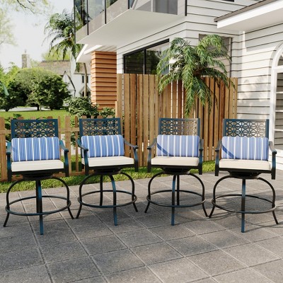 4PCs Outdoor Swivel Bar Stools with Beige Cushions, Counter Height Patio Bar Stools with Armrests & Backrests for Backyard