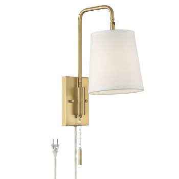 360 Lighting Luca Modern Swing Arm Wall Lamp Warm Brass Metal Plug-in Light Fixture Up Down White Fabric Shade for Bedroom Bedside Living Room Reading