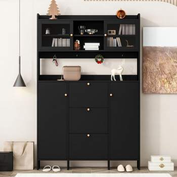 Contemporary Cabinet with Open Storage Platform, Versatile Shoe Cabinet with 3 Flip Drawers and 4 Hanging Hook - The Pop Home