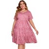 Women's Plus Size Lantern Sleeve Casual Ruffle Hem Loose Swing V Neck Tunic Mini Dress - 4 of 4