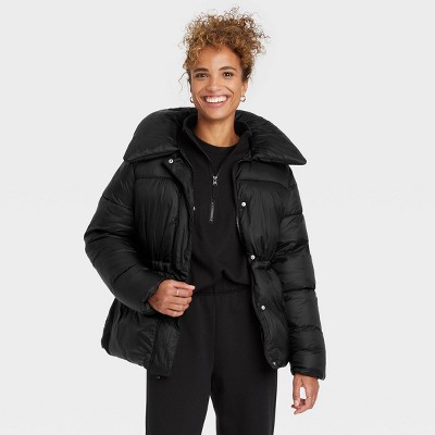 Women's Medium Length Shine Puffer Jacket - A New Day™ Black XS