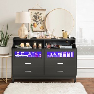KTMBDW Black Wood Tempered Glass Drawer Dresser with LED Light Strips & Charging Station & USB Ports Bed Table - 1 of 4