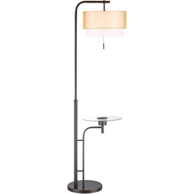 Possini Euro Design Modern Floor Lamp with Table and USB Charging Port Bronze Double Drum Shade Living Room Reading Bedroom Office