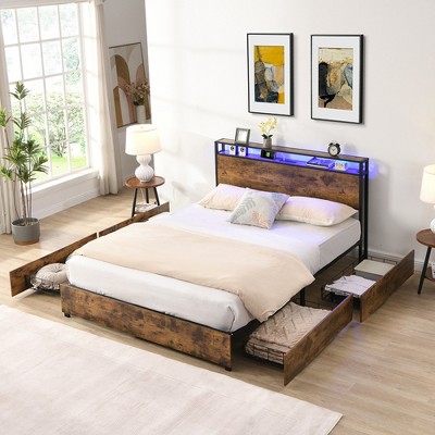 ALEXOUN Queen Bed Frame with Storage Headboard,with Four Pulley Storage Racks Under the Bed Metal Platform Bed Frame, Noise Free,