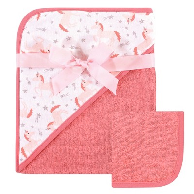 Hudson Baby Infant Girl Cotton Hooded Towel and Washcloth 2pc Set, Unicorn, One Size